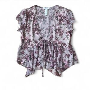 Y2K Fairycore Pink Floral Sheer Asymmetrical Front Tie Top